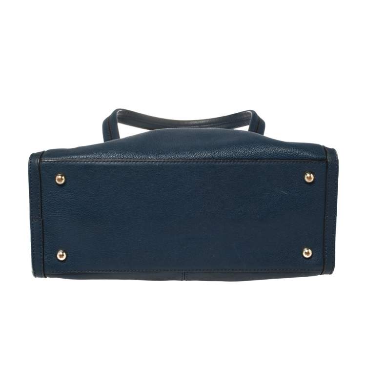 Pre Owned DKNY Navy Blue Leather Middle Zip Tote