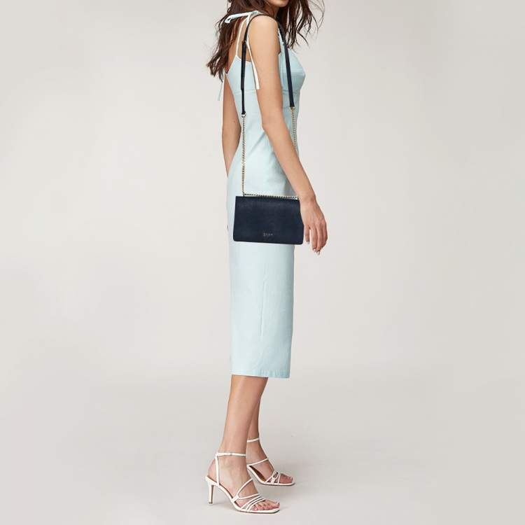 Pre Owned DKNY Blue Leather Flap Crossbody Bag