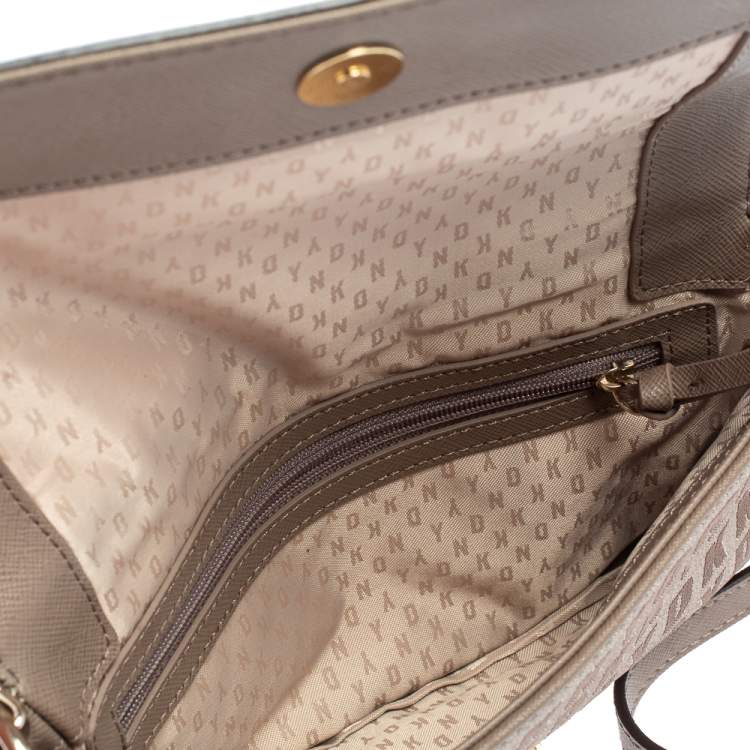 مملوكة مسبقًا Dkny Dark Beige Monogram Canvas and Leather Logo Flap Chain Crossbody Bag