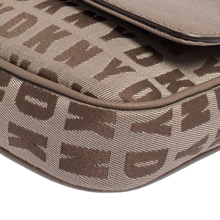 مملوكة مسبقًا Dkny Dark Beige Monogram Canvas and Leather Logo Flap Chain Crossbody Bag