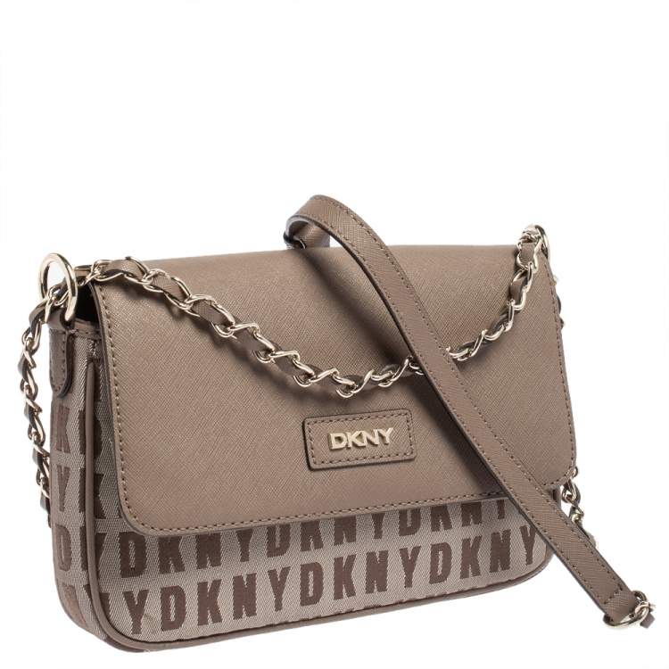 مملوكة مسبقًا Dkny Dark Beige Monogram Canvas and Leather Logo Flap Chain Crossbody Bag