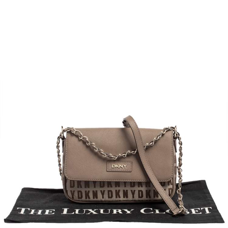 مملوكة مسبقًا Dkny Dark Beige Monogram Canvas and Leather Logo Flap Chain Crossbody Bag
