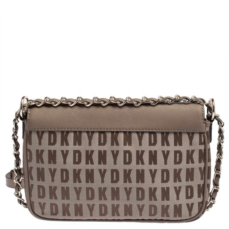 مملوكة مسبقًا Dkny Dark Beige Monogram Canvas and Leather Logo Flap Chain Crossbody Bag