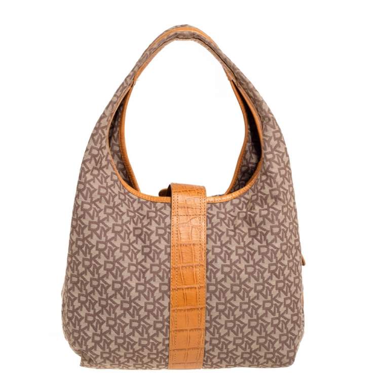 Pre Owned Dkny Beige/Brown Signature Canvas and Croc Embossed Leather Push Lock Hobo 