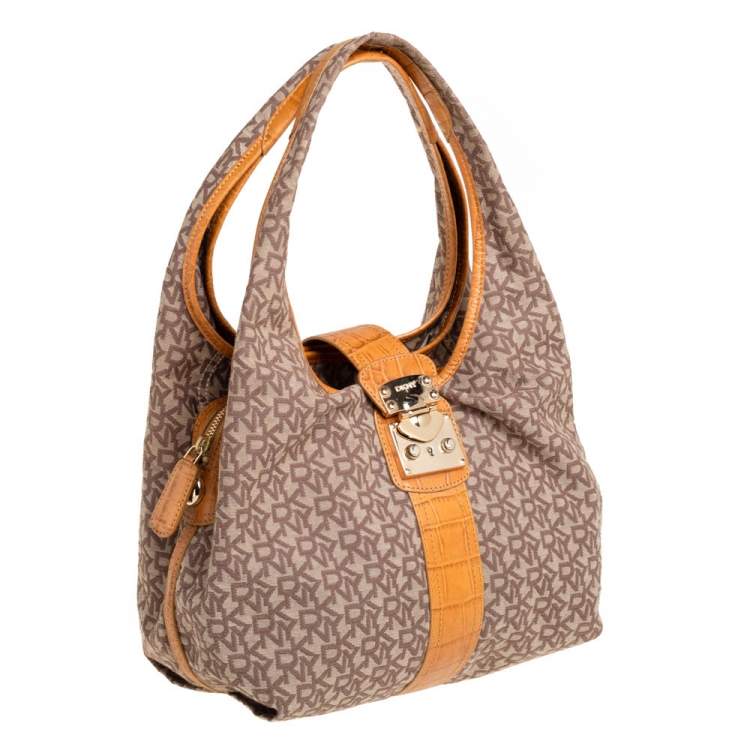 Pre Owned Dkny Beige/Brown Signature Canvas and Croc Embossed Leather Push Lock Hobo 
