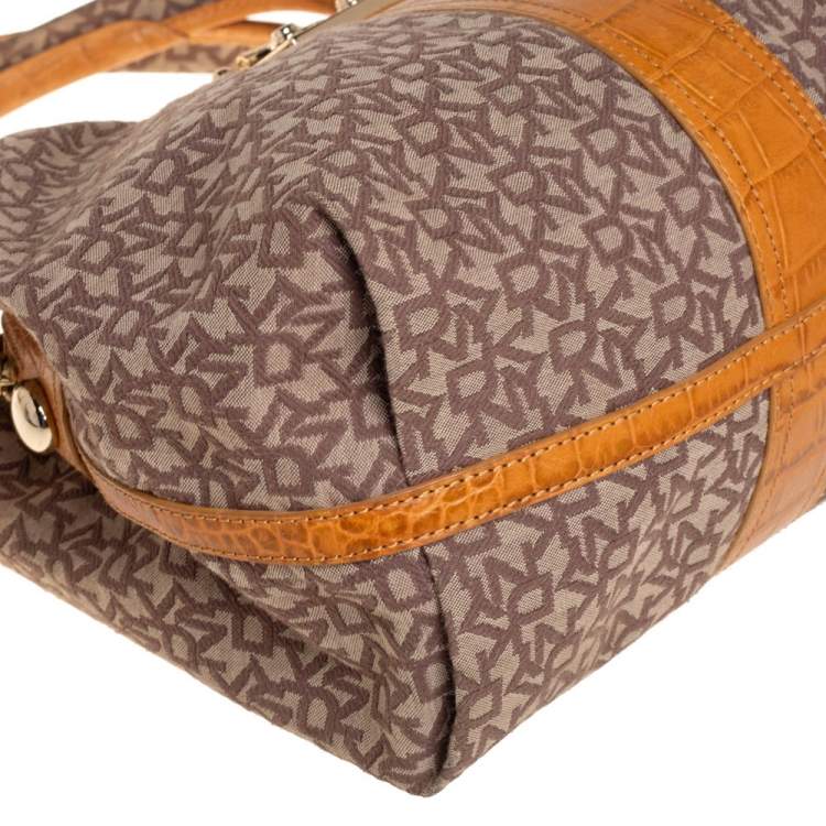 Pre Owned Dkny Beige/Brown Signature Canvas and Croc Embossed Leather Push Lock Hobo 