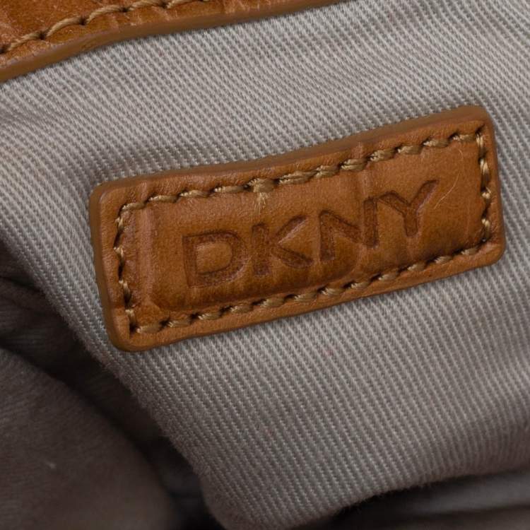 Pre Owned Dkny Beige/Brown Signature Canvas and Croc Embossed Leather Push Lock Hobo 