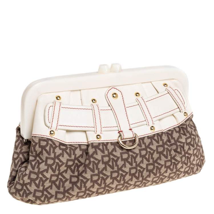 Pre Owned DKNY Beige/Brown Signature Canvas and Leather Kisslock Frame Clutch