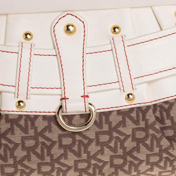 Pre Owned DKNY Beige/Brown Signature Canvas and Leather Kisslock Frame Clutch