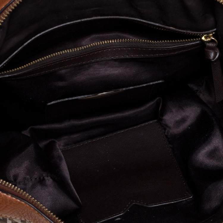 Pre Owned DKNY Beige/Brown Signature Canvas and Leather Satchel