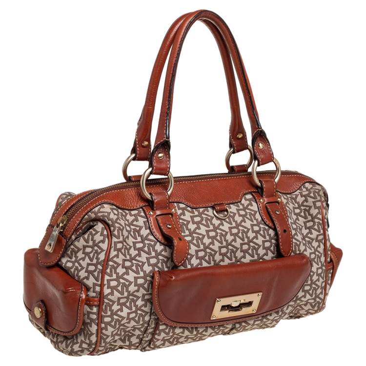 Pre Owned DKNY Beige/Brown Signature Canvas and Leather Satchel