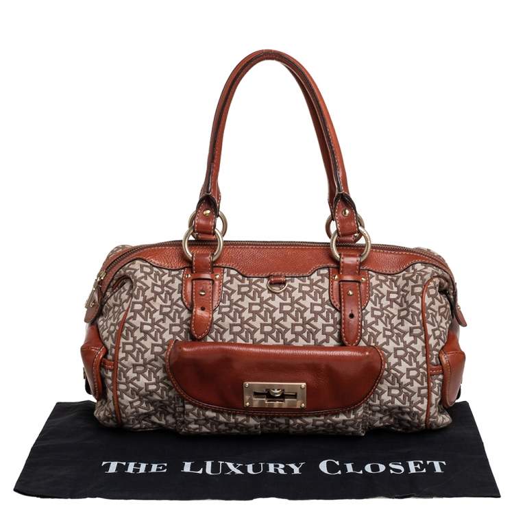 Pre Owned DKNY Beige/Brown Signature Canvas and Leather Satchel
