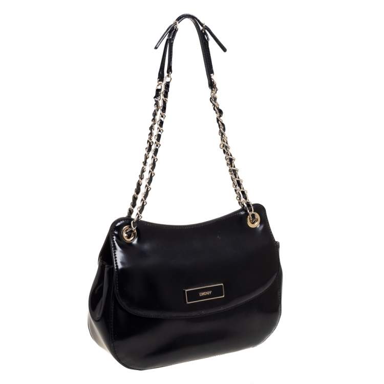 Pre Owned DKNY Black Faux Leather Flap Chain Shoulder Bag