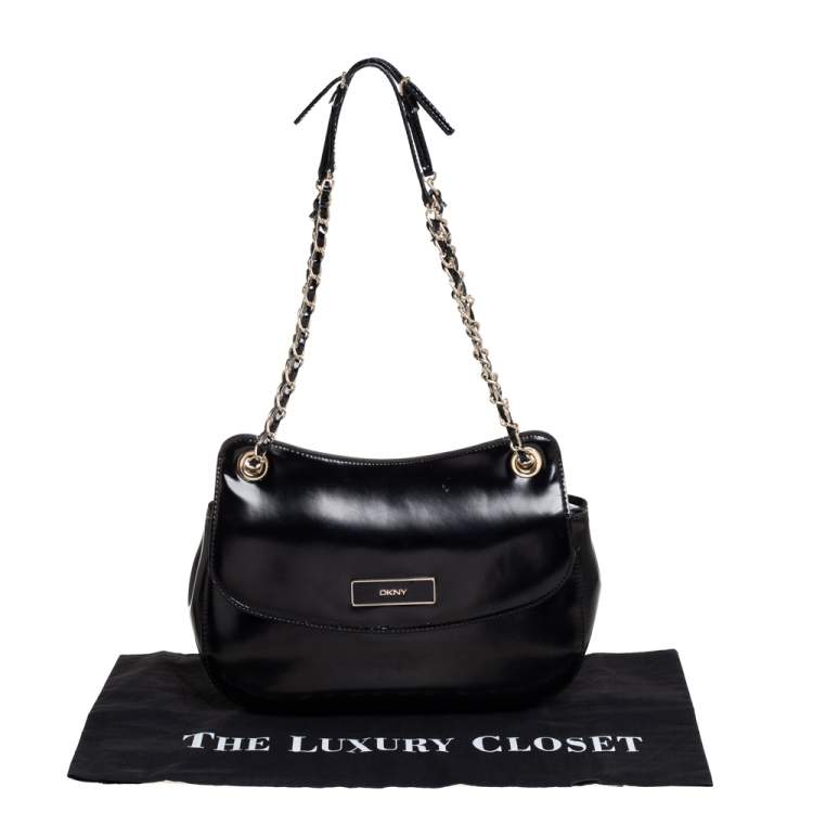 Pre Owned DKNY Black Faux Leather Flap Chain Shoulder Bag