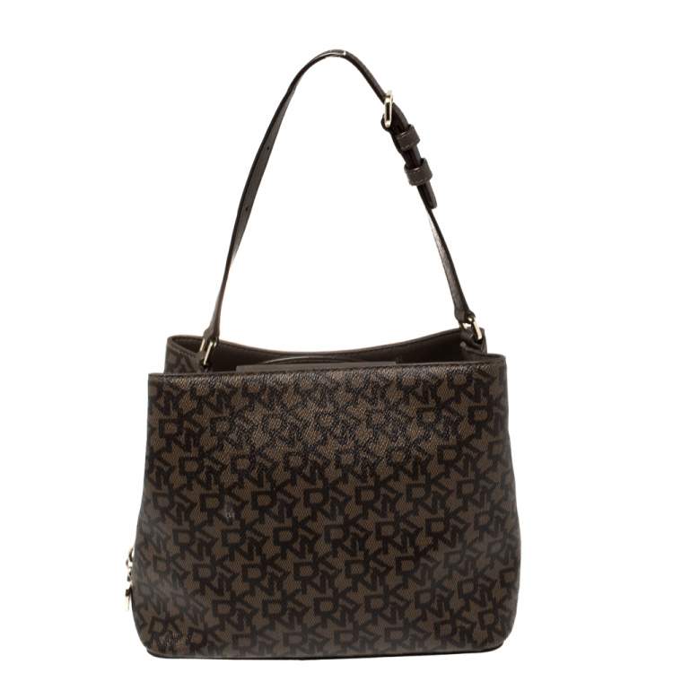 Pre Owned Dkny Brown/Beige Signature Coated Canvas Bryant Bucket Bag