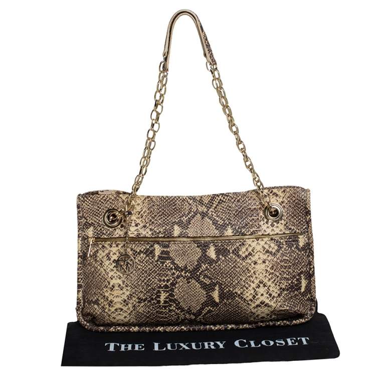 Pre Owned DKNY Beige/Black Snakeskin Embossed Leather  Chain Shoulder Bag