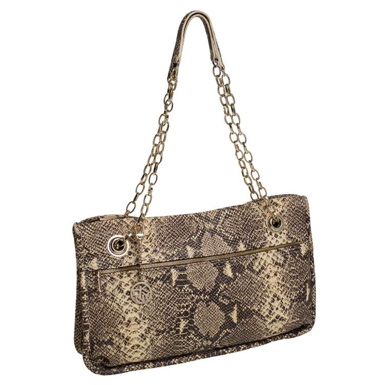Pre Owned DKNY Beige/Black Snakeskin Embossed Leather  Chain Shoulder Bag