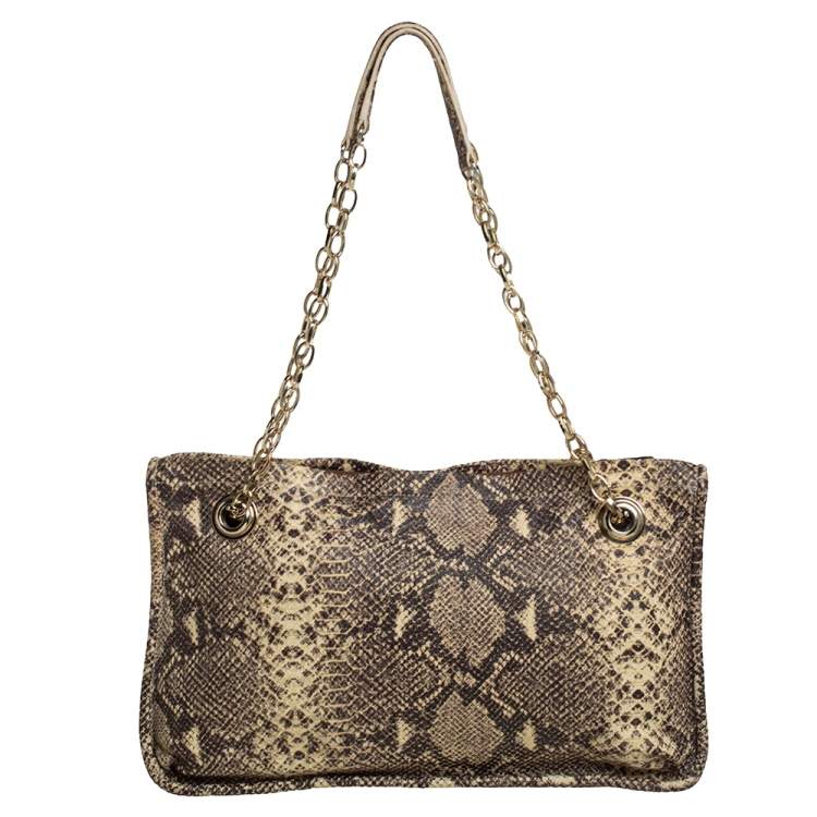 Pre Owned DKNY Beige/Black Snakeskin Embossed Leather  Chain Shoulder Bag