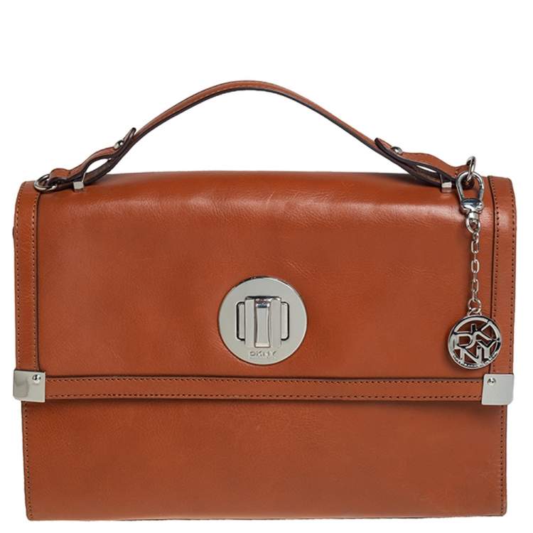 Pre Owned Dkny Tan Leather Flap Top Handle Bag