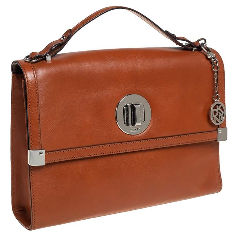 Pre Owned Dkny Tan Leather Flap Top Handle Bag