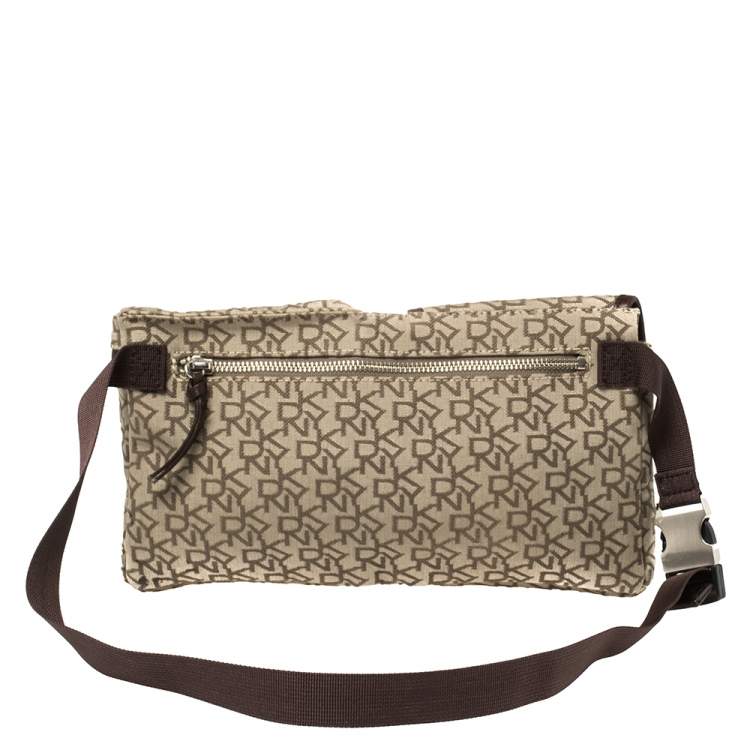 Pre Owned Dkny Brown/Beige Monogram Canvas and Leather Trim Belt Bag