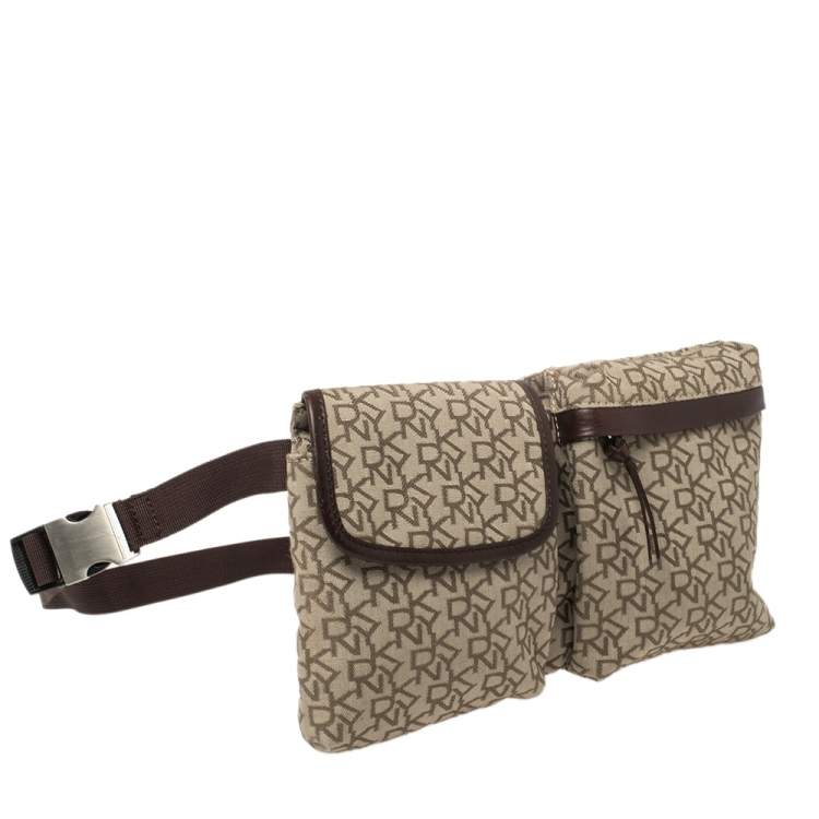 Pre Owned Dkny Brown/Beige Monogram Canvas and Leather Trim Belt Bag