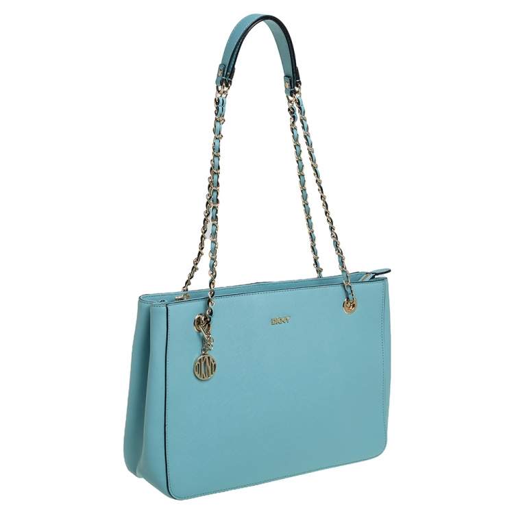Pre Owned Dkny Light Blue Leather Bryant Zipped Chain Tote