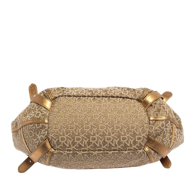 Pre Owned DKNY Gold/Beige Signature Fabric and Leather Satchel