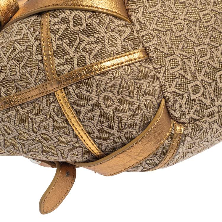 Pre Owned DKNY Gold/Beige Signature Fabric and Leather Satchel