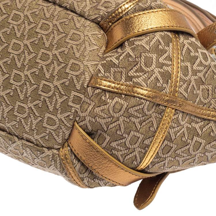 Pre Owned DKNY Gold/Beige Signature Fabric and Leather Satchel