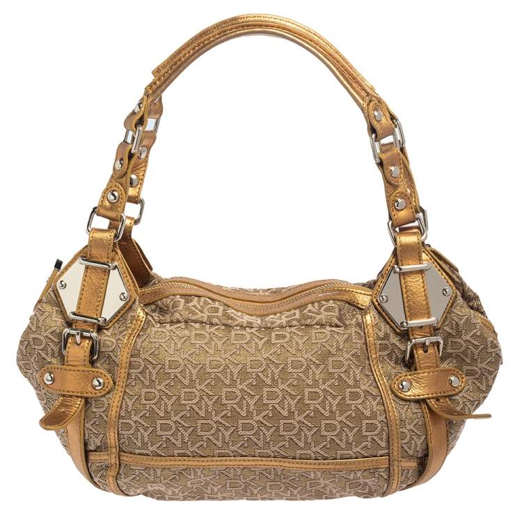 Pre Owned DKNY Gold/Beige Signature Fabric and Leather Satchel