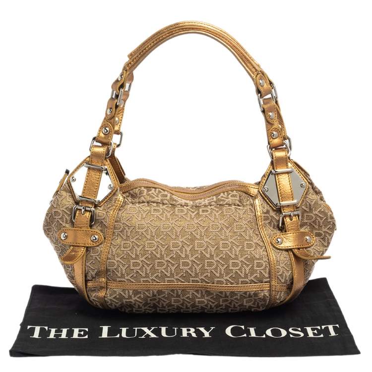 Pre Owned DKNY Gold/Beige Signature Fabric and Leather Satchel
