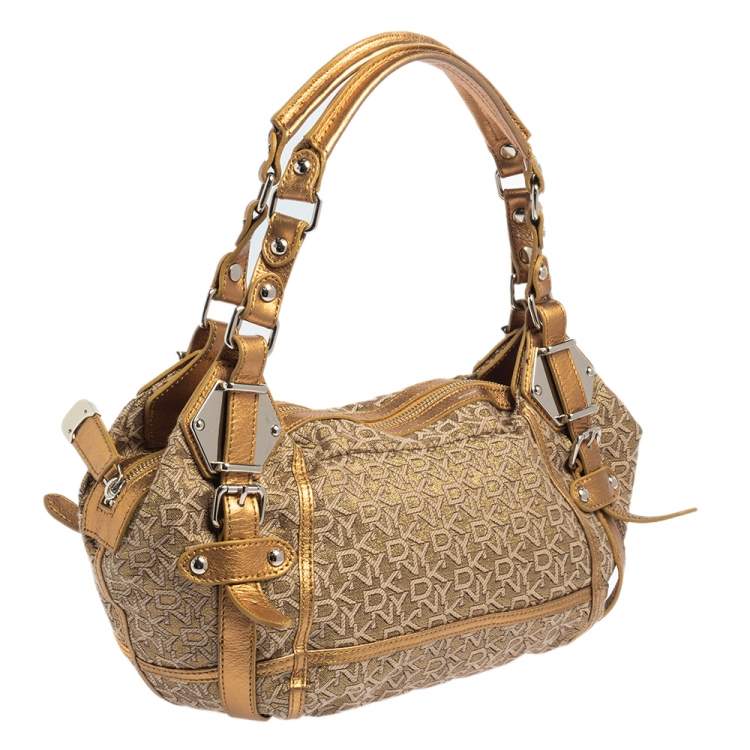 Pre Owned DKNY Gold/Beige Signature Fabric and Leather Satchel
