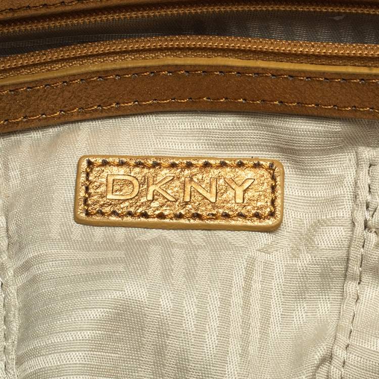Pre Owned DKNY Gold/Beige Signature Fabric and Leather Satchel
