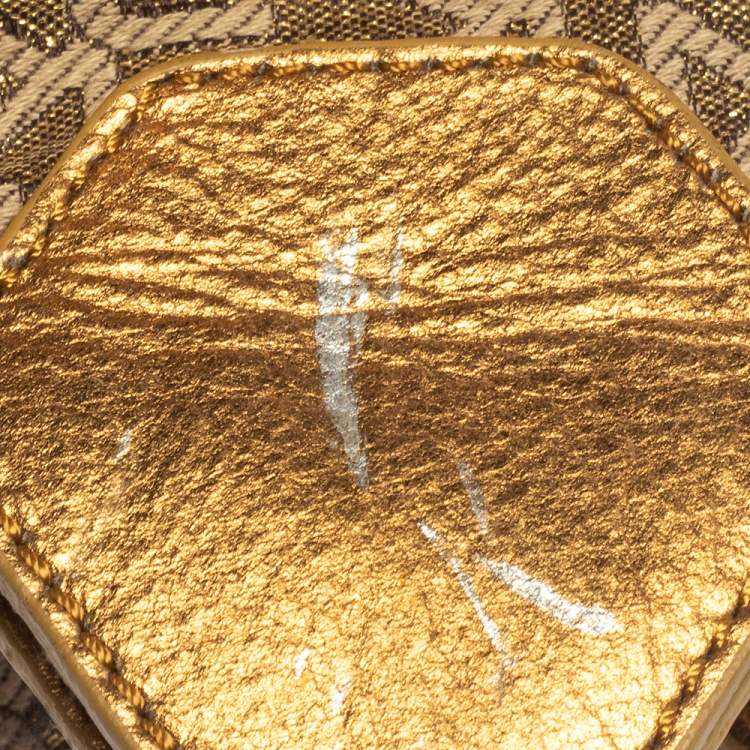 Pre Owned DKNY Gold/Beige Signature Fabric and Leather Satchel