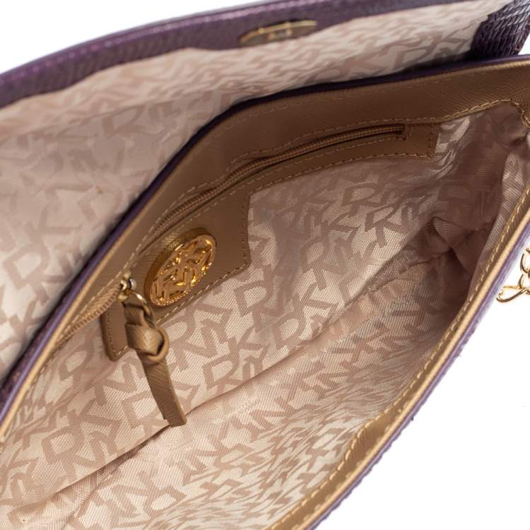 Pre Owned DKNY Purple Lizard Embossed Leather Flap Chain Clutch