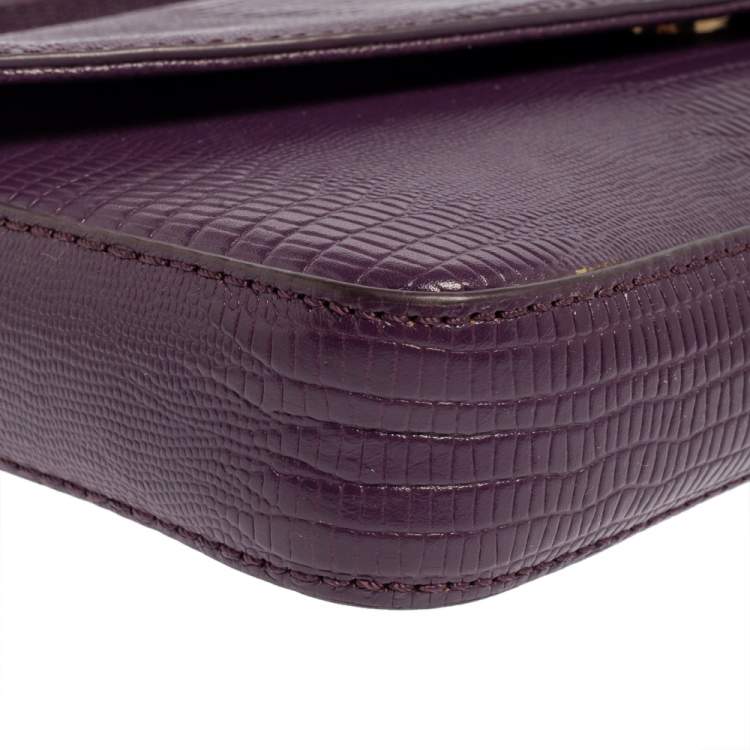 Pre Owned DKNY Purple Lizard Embossed Leather Flap Chain Clutch