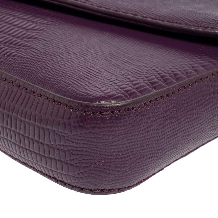Pre Owned DKNY Purple Lizard Embossed Leather Flap Chain Clutch