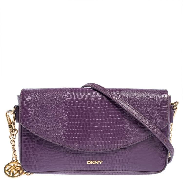 Pre Owned DKNY Purple Lizard Embossed Leather Flap Chain Clutch