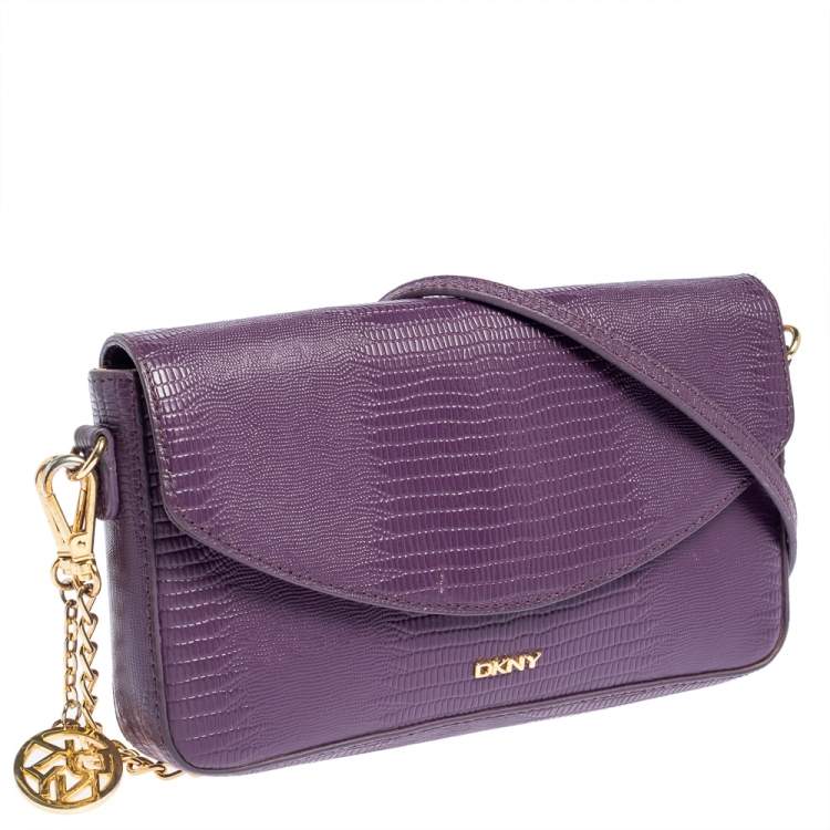 Pre Owned DKNY Purple Lizard Embossed Leather Flap Chain Clutch