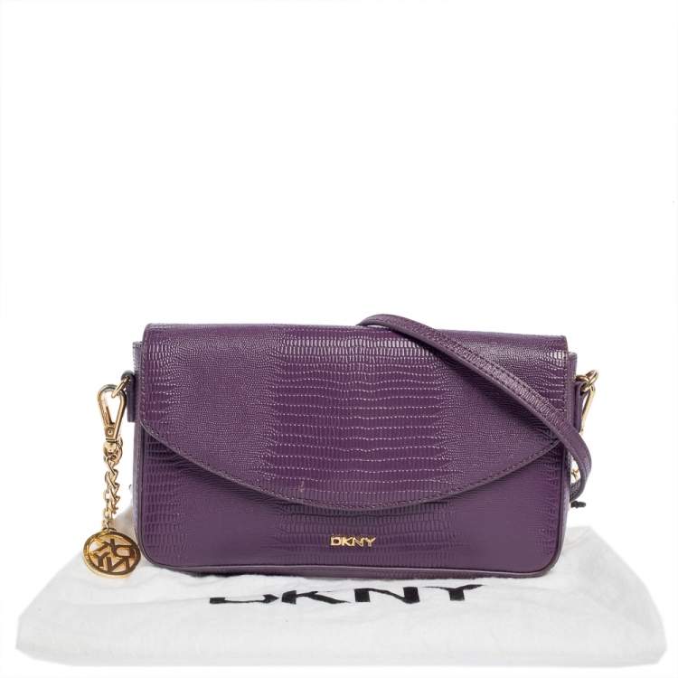 Pre Owned DKNY Purple Lizard Embossed Leather Flap Chain Clutch
