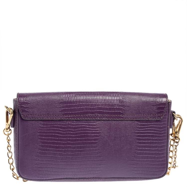 Pre Owned DKNY Purple Lizard Embossed Leather Flap Chain Clutch
