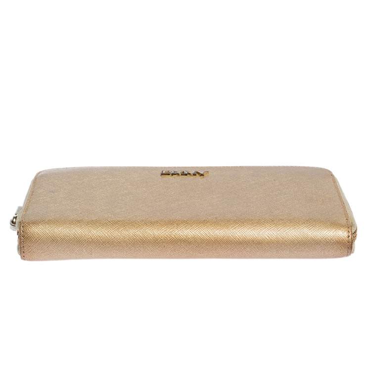 Pre Owned Dkny Metallic Beige Leather Zip Around Wallet