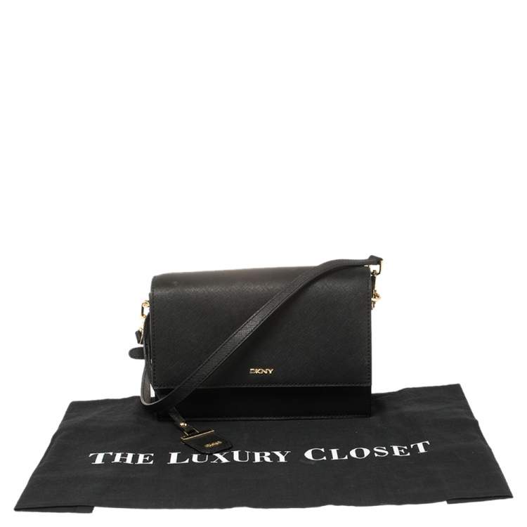 Pre Owned DKNY Black Saffiano Leather Bryant Park Flap Crossbody Bag