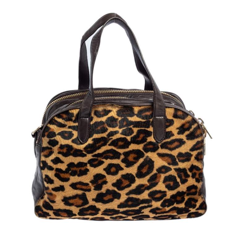 مملوكة مسبقًا DKNY Dark Brown/Beige Leopard Print Calfhair and Leather Double Zip Satchel