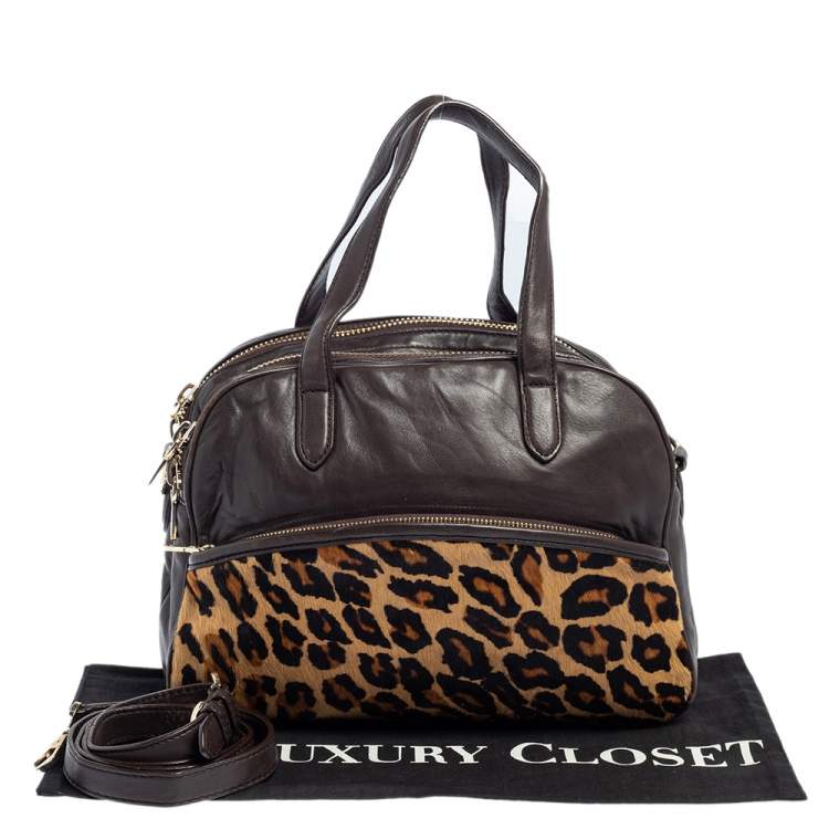 مملوكة مسبقًا DKNY Dark Brown/Beige Leopard Print Calfhair and Leather Double Zip Satchel