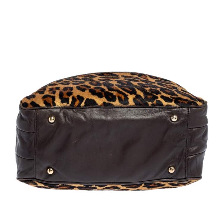 مملوكة مسبقًا DKNY Dark Brown/Beige Leopard Print Calfhair and Leather Double Zip Satchel