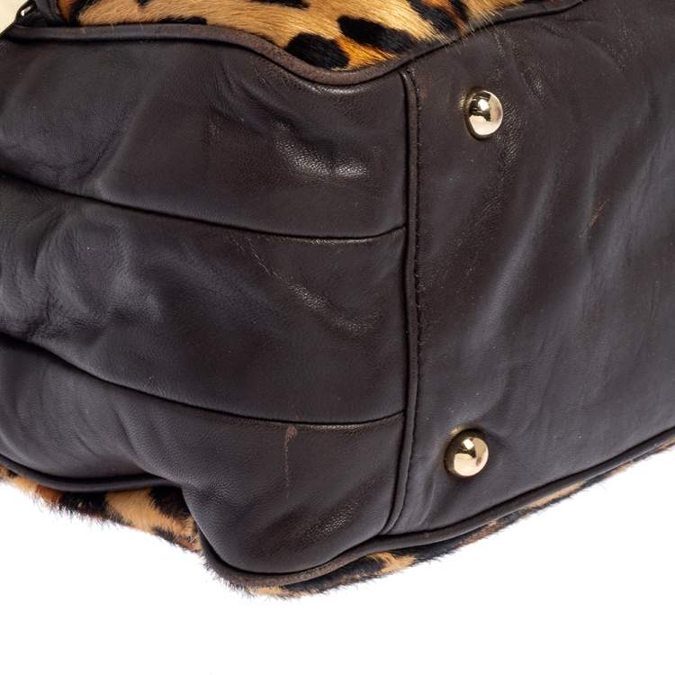 مملوكة مسبقًا DKNY Dark Brown/Beige Leopard Print Calfhair and Leather Double Zip Satchel