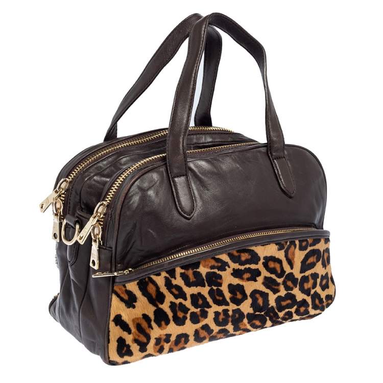 مملوكة مسبقًا DKNY Dark Brown/Beige Leopard Print Calfhair and Leather Double Zip Satchel