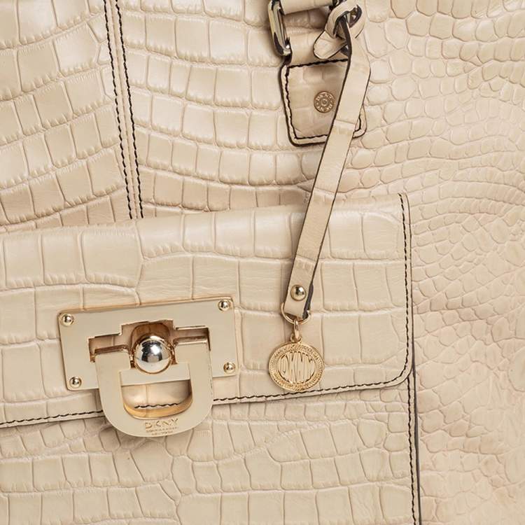 Pre Owned DKNY Cream Croc Embossed Leather Front Pocket Tote